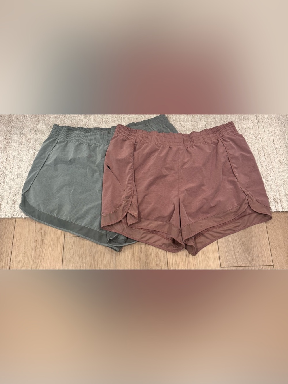 Athleta Two-Pack Athletic Shorts in Dusty Rose and Sage Green